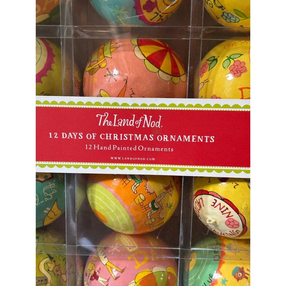NIB The Land of Nod 12 Days of Christmas Hand Painted Ornaments Colorful Set 12